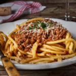 image of Spaghetti Bolognese, an italian classic dish of slow cooked meat in a tomato sauce, served with spaghetti on a white plate in a rustic setting