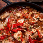 Image of tuscan stewed chicken and peppers in a black cast iron pan against an ochre background