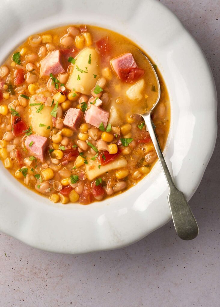 image of minestra di bobici, an Italian sweetcorn soup from the Friuli region, traditionally served at the feast of assumption in August each year.