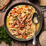 photo of orzo e fagioli soup the Italian bean and barley soup in a rustic comforting setting