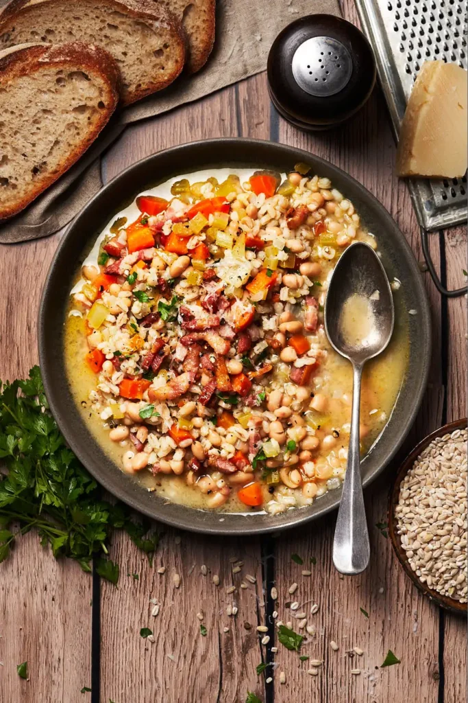 How to Make Orzo e Fagioli Soup photo of orzo e fagioli soup the Italian bean and barley soup in a rustic comforting setting