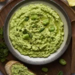 rustic image of pesto di fave or fava bean pesto with bruschetta