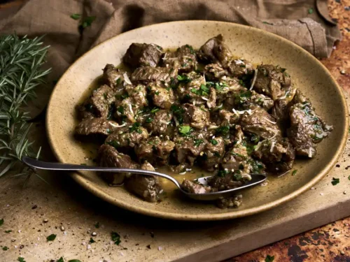 rustic image of the Abruzzo Easter dish agnello cacio e ova (Lamb with egg and cheese sauce) from Italy's Abruzzo region, in a rustic setting