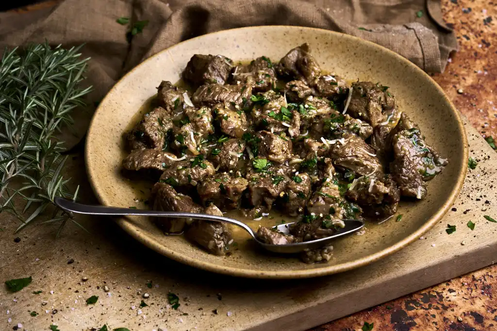 Italian Easter Food Guide rustic image of the Abruzzo Easter dish agnello cacio e ova (Lamb with egg and cheese sauce) from Italy's Abruzzo region, in a rustic setting