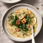 rustic image of the regional Friuli soup Paparot, a heavy soup of spinach and polenta