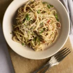 image of pasta mollicata, an Italian pasta dish made with breadcrumbs and anchovies from Italy's Basilicata region