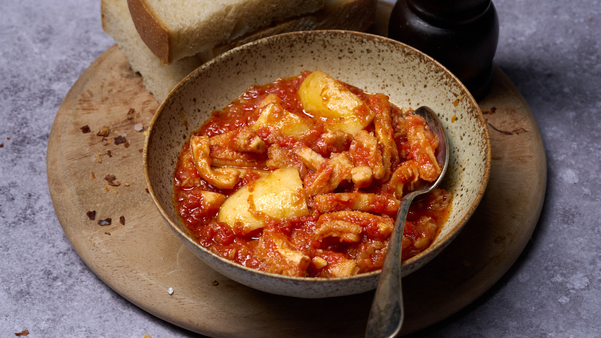 Image of Trippa con Patate alla Calabrese, a spicy tripe recipe with potatoes from the heart of Italy's Calabria region