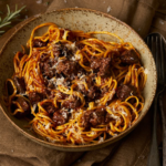 Rustic image of tajarin con feasting di pollo, a traditional pasta dish from Piedmont using the regional tajarin egg pasta.