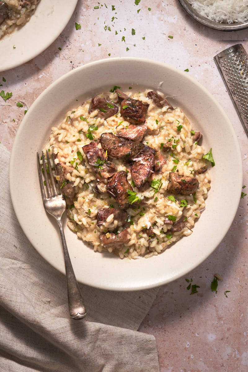 image of chicken liver risotto with sage from the Friuli region of Italy
