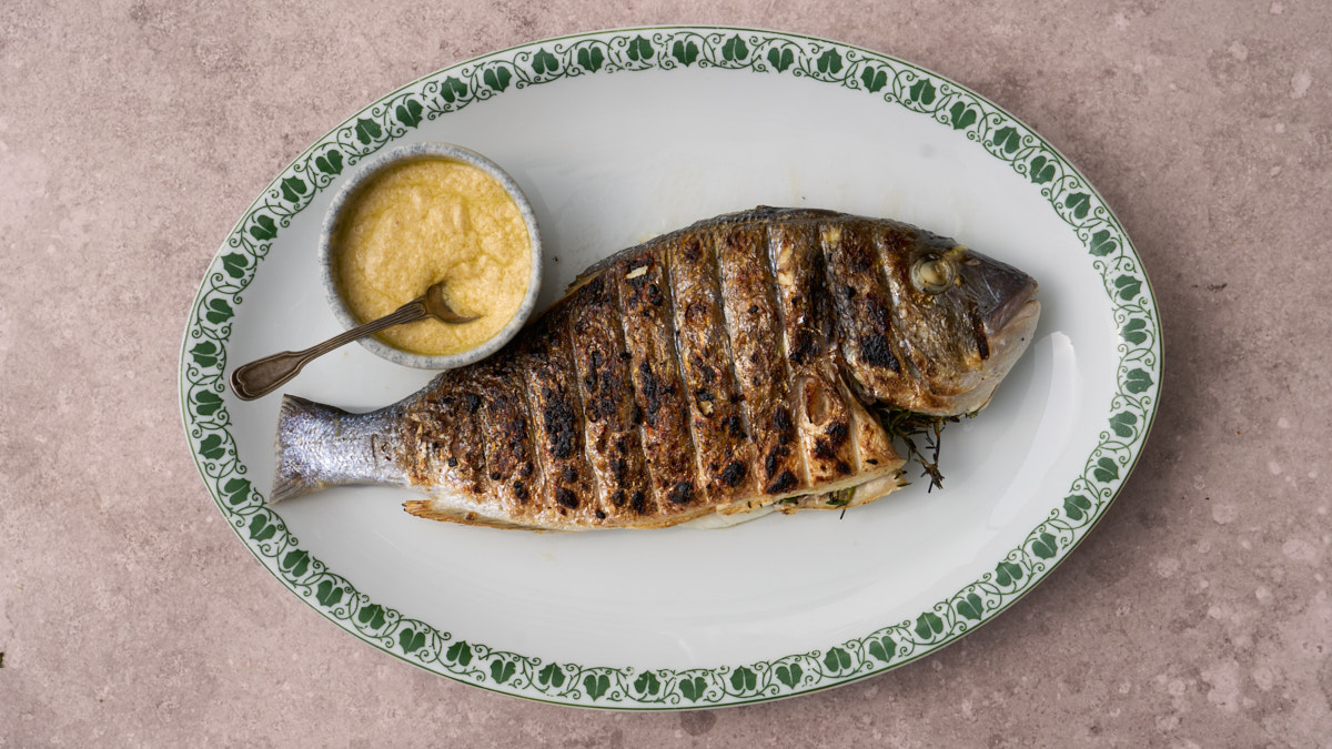image of Orate all'Anconetana, Ancona style sea bream from the Marche region, served simply on a white oval dish with a pot of egg and bread sauce
