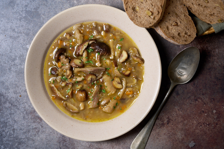 image of a bowl of Tuscan chestnut and mushroom soup (zuppa di castagne e funghi), an autumn italian Porcini (Italy's most prized wild mushroom) give the best flavour if you can find them, fresh or frozen. A mix of woodland mushrooms works well when you can't. If you like chestnuts and mushrooms together, try them in a pasta too: pasta con castagne e funghi uses the same pairing with a chestnut cream.soup with chestnuts and forest mushrooms served with crusty bread